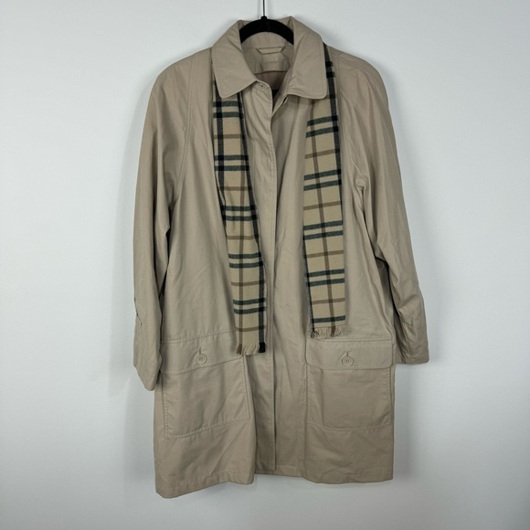 London Fog Tan Khaki Trench Pea Coat Detective With Plaid Scarf Neutral Winter - Picture 1 of 7